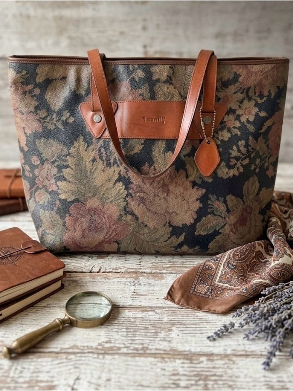 i santi Floral Tapestry Floral Tote Purse Bag  Brown Italy Italian